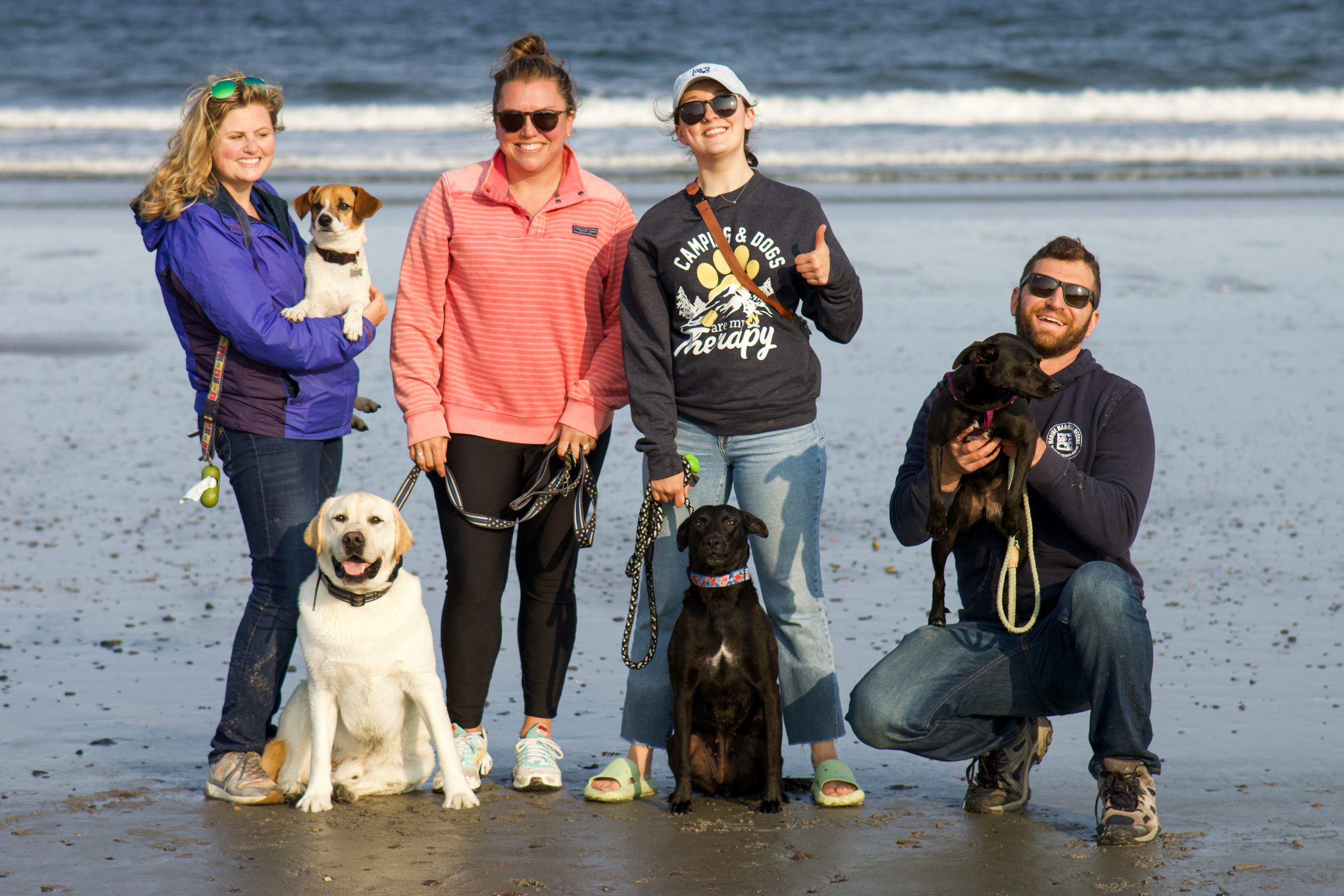 Dog and their people on the beach.